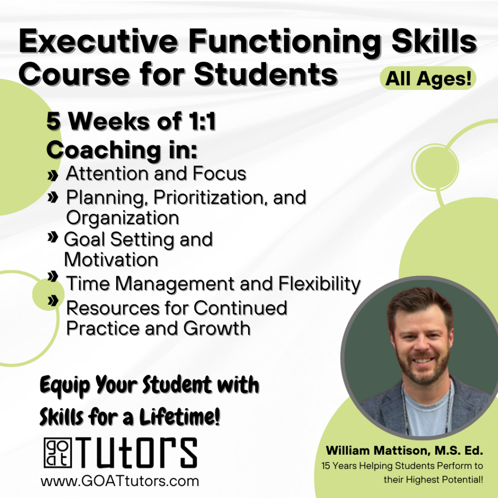 Graphic showcasing the benefits of executive functioning skills coaching, highlighting improved planning, organization, time management, focus, and motivation, with a call-to-action to book a consultation.